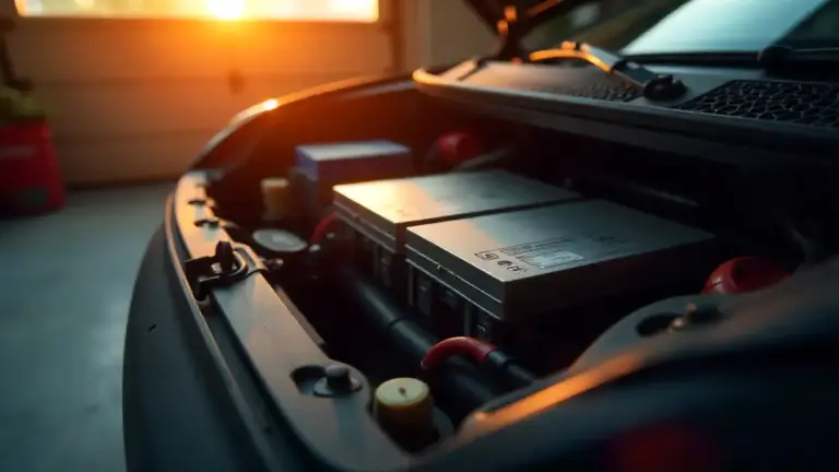 Close-up of an EV battery pack with visible cell modules and cooling lines.