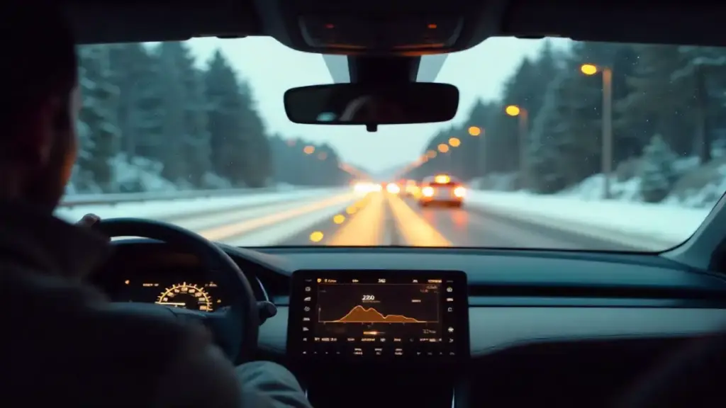 Electric car dashboard showing range 280 miles on a winter highway