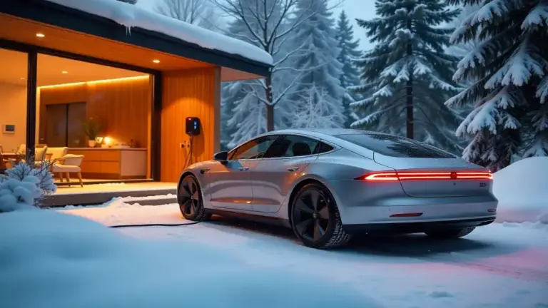 Electric car charging at home at sunset