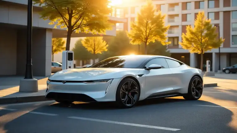 Modern electric car at urban charging station