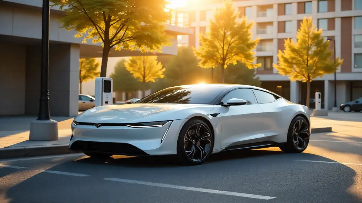 Modern electric car at urban charging station