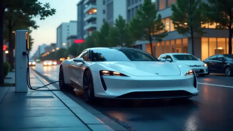 Futuristic electric car charging in modern city, eco-friendly design