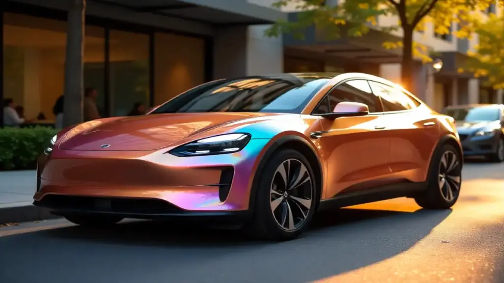Used electric car parked in a modern urban setting, eco-friendly and affordable