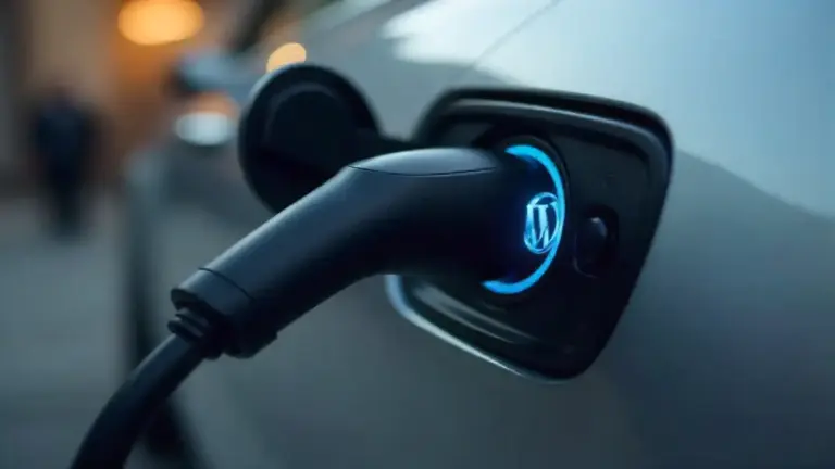 Photorealistic EV charging adapter featuring the WordPress "W" logo and blue LED ring.