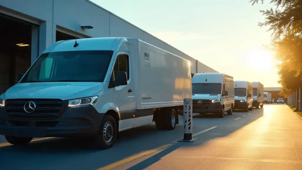 Electric vans charging at workplace depot with solar panels