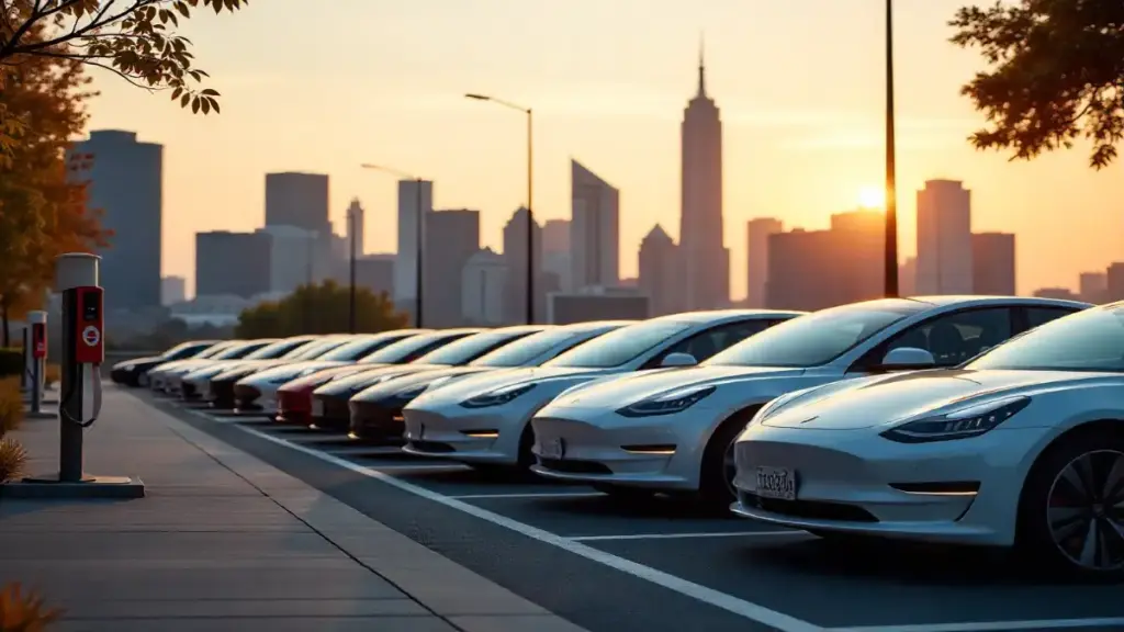 Editorial image of electric cars, charging stations and incentive symbols.