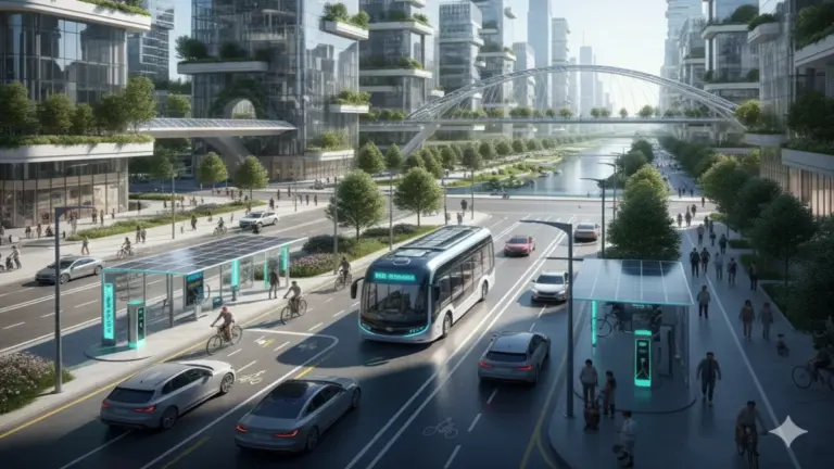 Sustainable city with electric vehicles charging and modern green transportation.