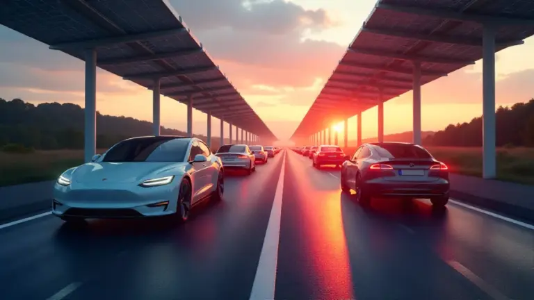 Electric vehicles charging on a smart highway in Europe at sunset