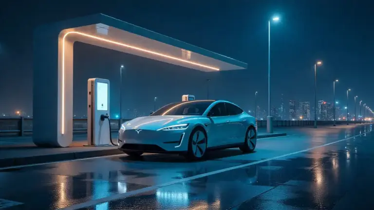 Electric car charging at futuristic station powered by renewable energy in 2025 city.