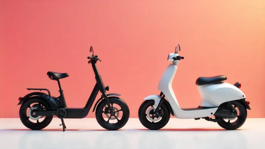 Electric bike and electric scooter side by side in a modern city environment.