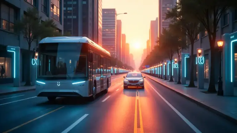 Electric cars and buses driving through a futuristic smart city