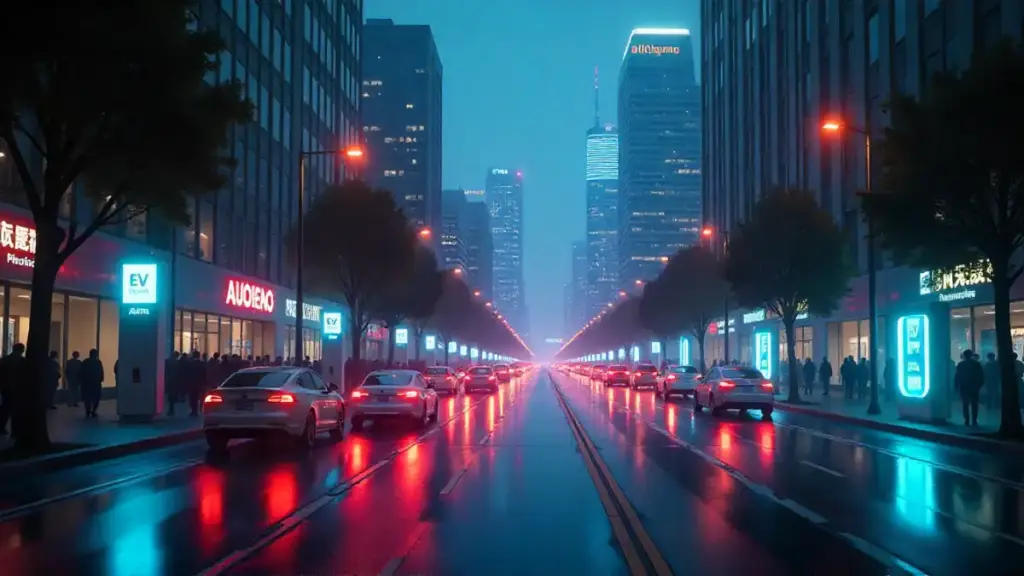 Smart city 2025 with electric vehicles and AI-powered charging network