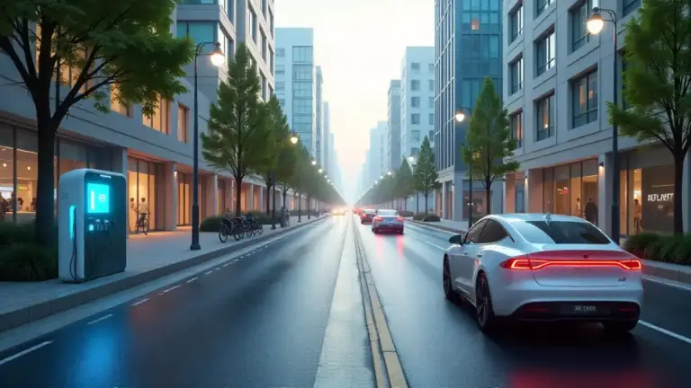 Electric cars charging in a smart, sustainable city of 2025