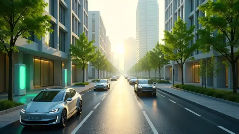 Sustainable city of 2025 with electric vehicles, solar charging, and green urban design.