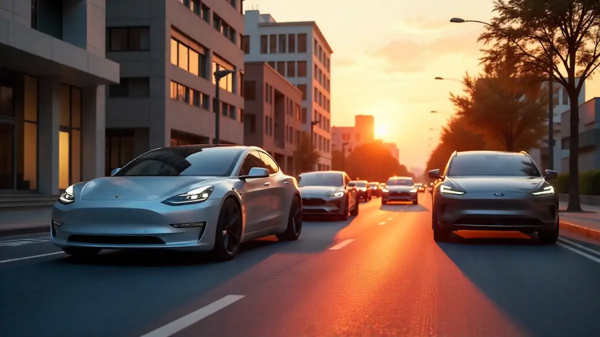 Lineup of modern electric cars on a city street at sunset