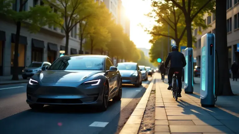 Futuristic city with electric vehicles and micromobility options