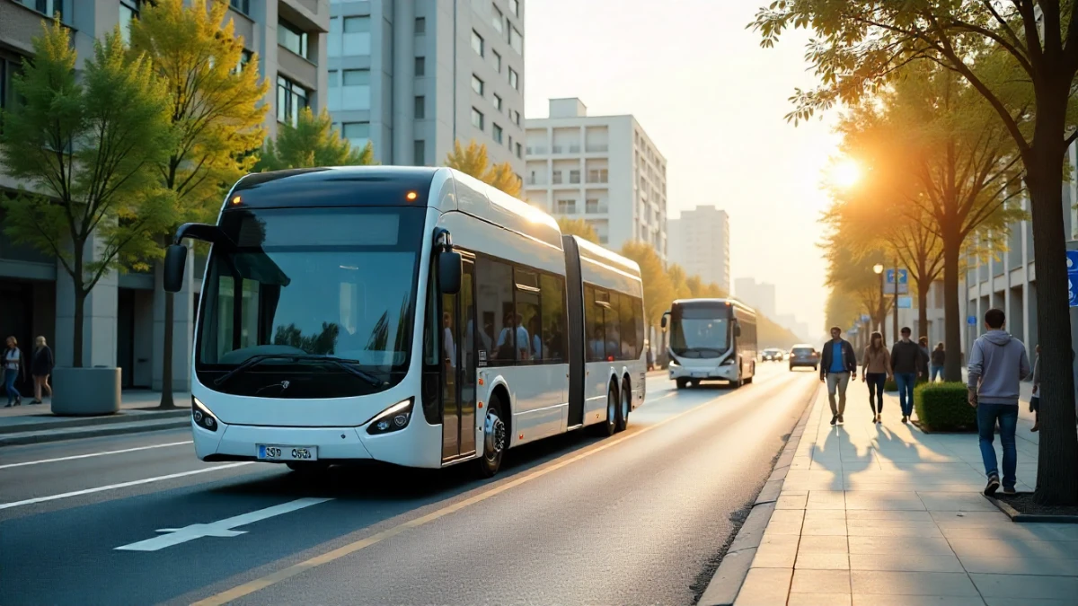 Electric mobility ecosystem with EVs, e-bikes, e-scooters, and electric buses in a modern sustainable city