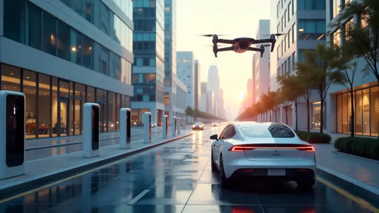 Future electric mobility city with EVs, charging hubs, and air taxis.