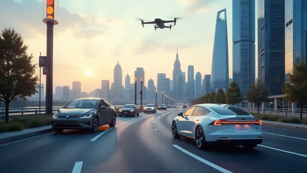 Future smart city with electric vehicles, charging hubs, and air taxis.
