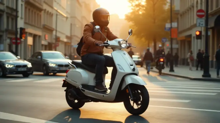 Urban commuter electric scooter in motion with helmeted rider