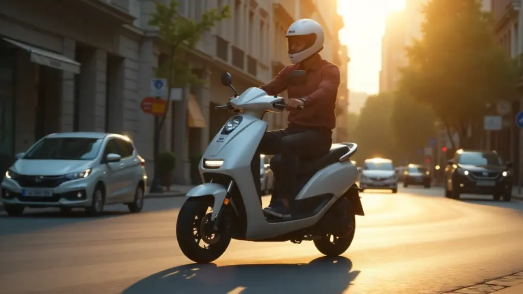 Rider on electric scooter for commuting