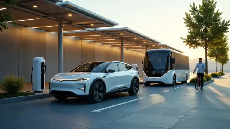 Electric car charging at a solar-powered station in a futuristic smart city.