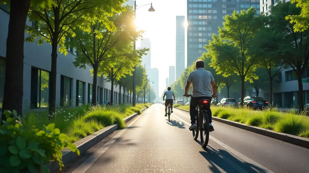 Futuristic electric city with EVs, e-bikes, and smart charging infrastructure