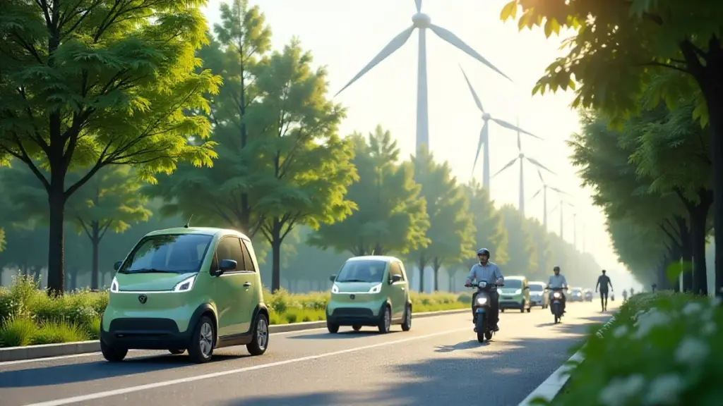 Futuristic electric mobility scene with small EVs and charging stations