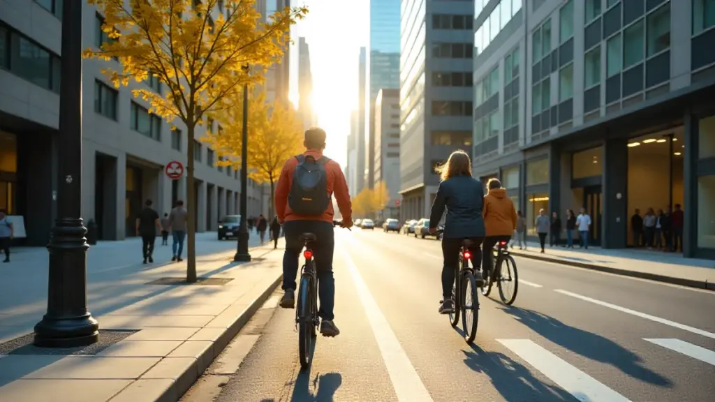 People using shared electric bikes in a modern city environment