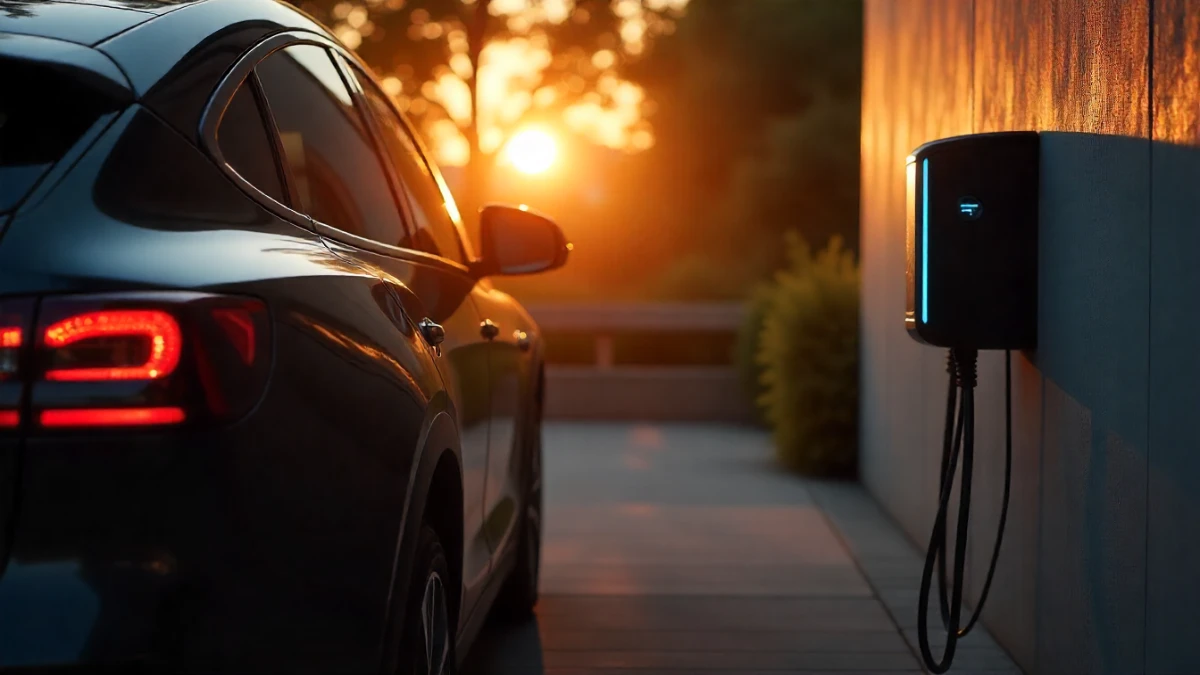 Close-up of a sleek, wall-mounted Level 2 EV charger connected to an electric car in a home garage at sunset.