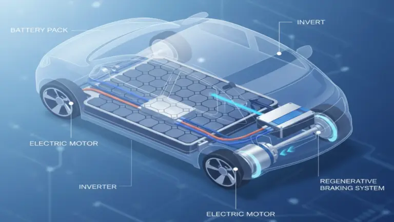 Electric car cutaway showing motor and battery system