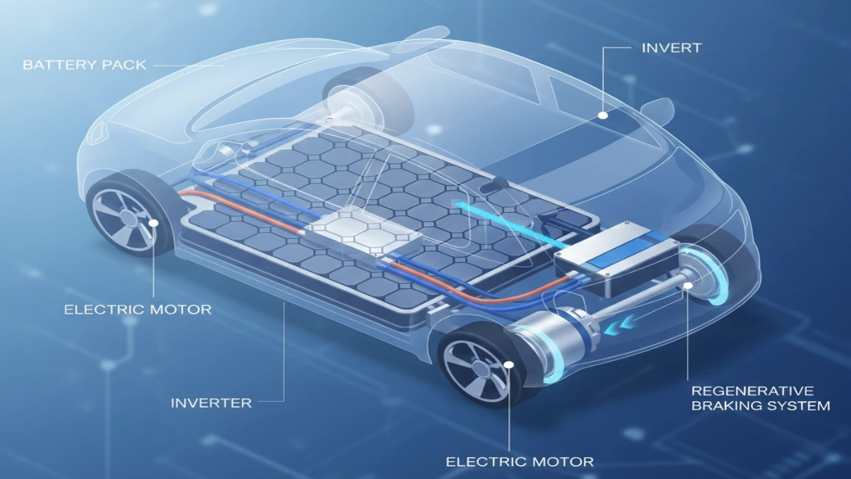 Electric car cutaway showing motor and battery system
