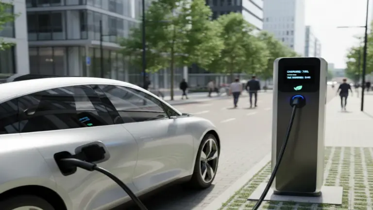 EV charging at a public station in a modern city