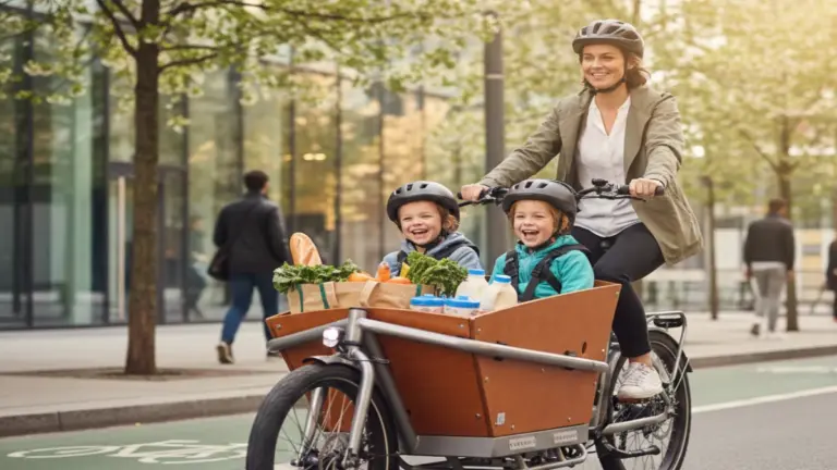 Electric cargo bike carrying groceries and children in a city