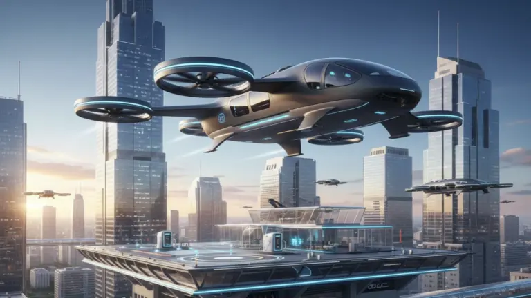 Electric flying car eVTOL taking off from a city vertiport in a futuristic urban air mobility scene.