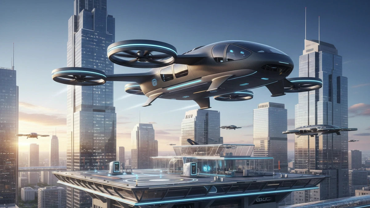 Electric flying car eVTOL taking off from a city vertiport in a futuristic urban air mobility scene.
