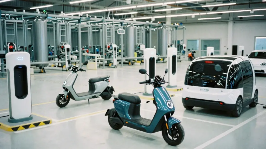 Electric mobility startups ecosystem with EVs, charging stations, and battery factories.