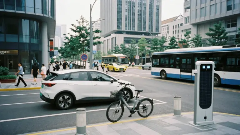 Sustainable transportation options including EVs, e-bikes, and public transit in a modern eco-friendly city.