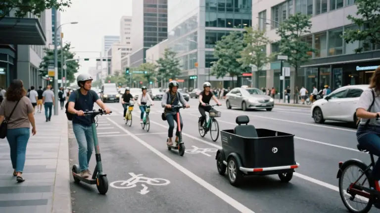 Micromobility vehicles like e-scooters and e-bikes on a modern city street in 2025