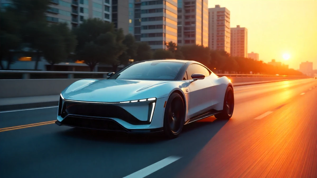 Electric car driving on a modern highway at sunset