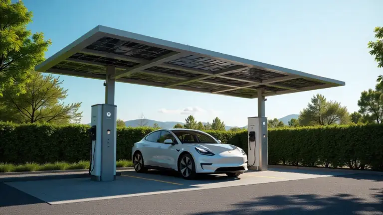 Solar-powered EV charging station with modern solar canopy