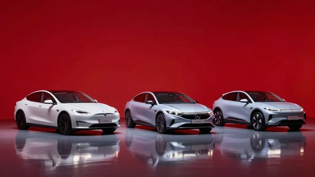 Lineup of the best electric cars of 2025 in a modern studio