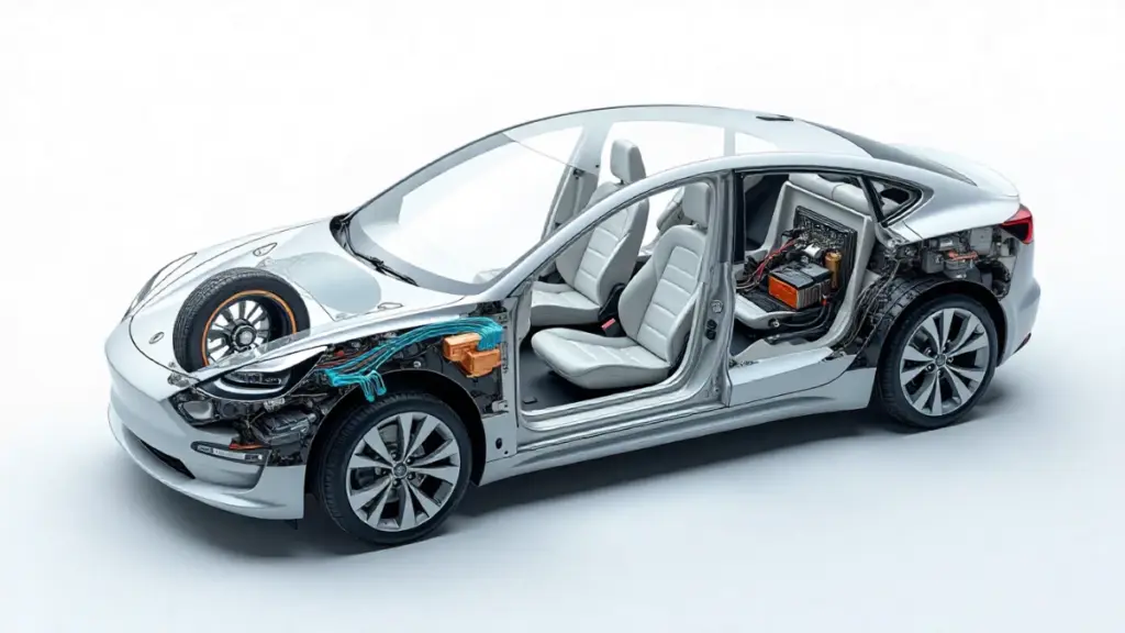 Electric car cutaway diagram showing motor and battery components