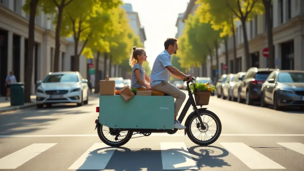 Electric cargo bike carrying groceries and children in an urban street