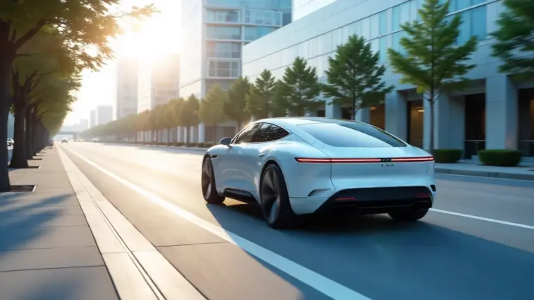 Zero emission vehicle driving in a clean futuristic eco-friendly city