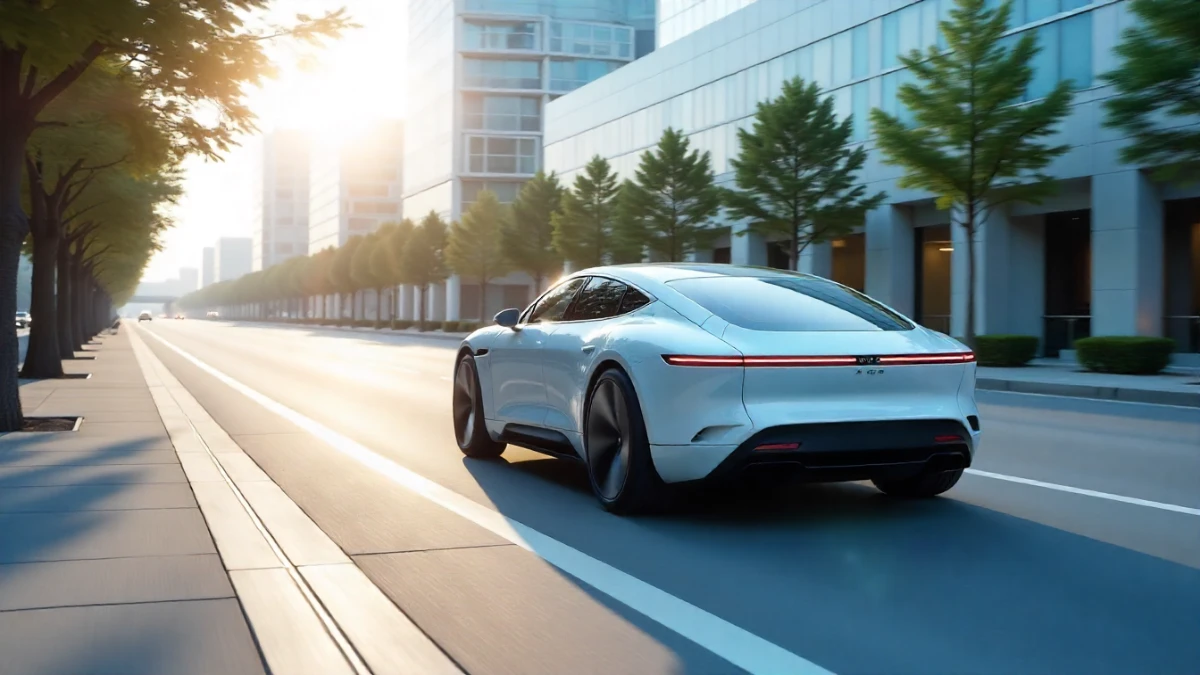 Zero emission vehicle driving in a clean futuristic eco-friendly city