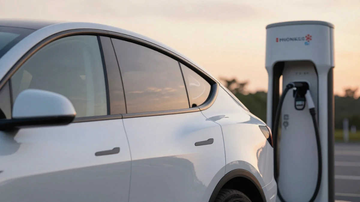 Electric car charging at a fast public charger at sunset