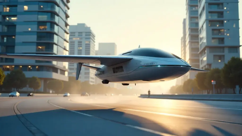 Electric eVTOL flying car taking off from a city vertiport in a modern urban air mobility scene.