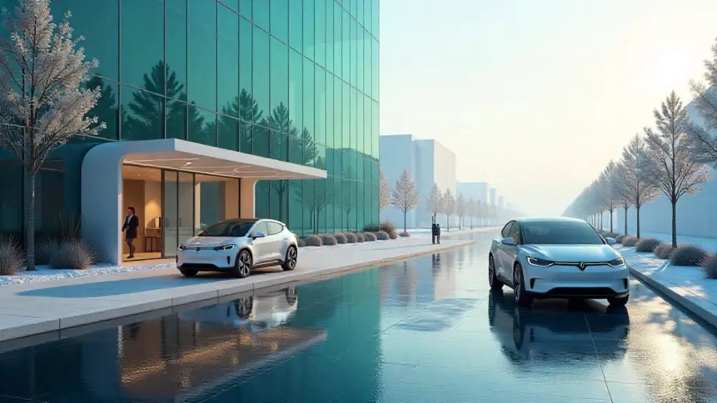 Futuristic electric mobility landscape with EV startups and charging technology.