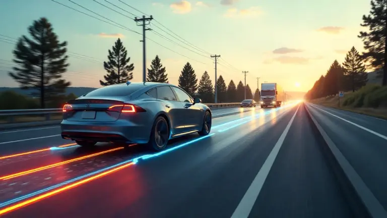 Futuristic electric highway wirelessly charging an EV
